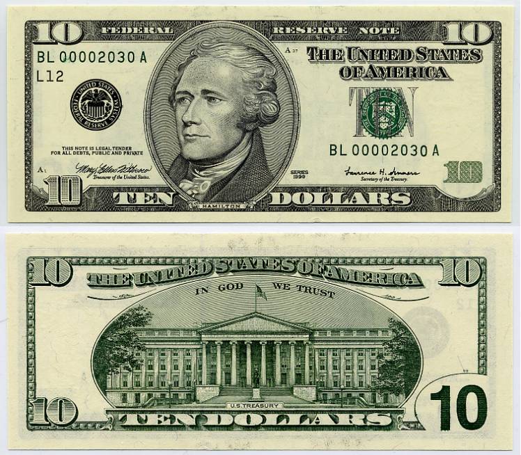 1999 $10 Federal Reserve Note Ten Dollar Bill