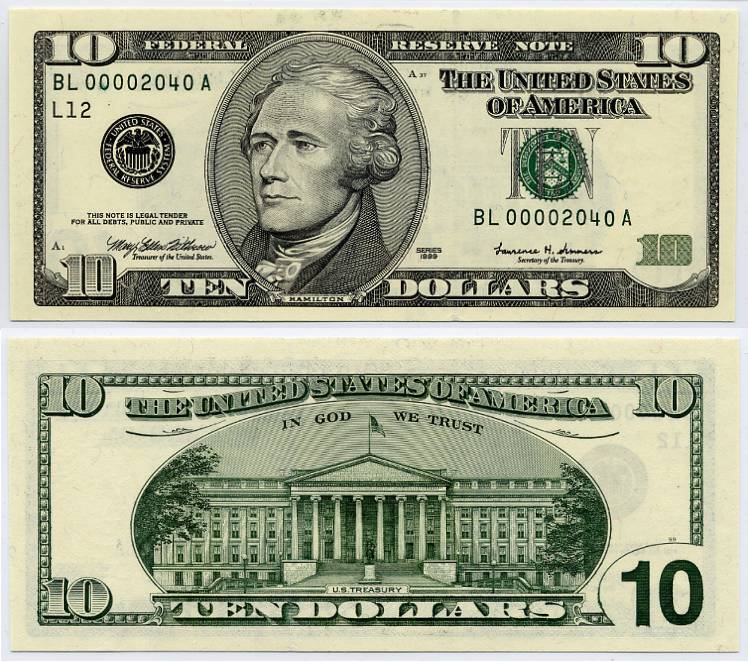 dollar bill. Note Ten Dollar Bill