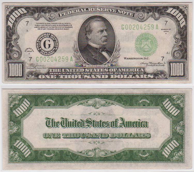  1934 A $1000 Federal Reserve Note FR-2212-G S/N G 00204259 A
