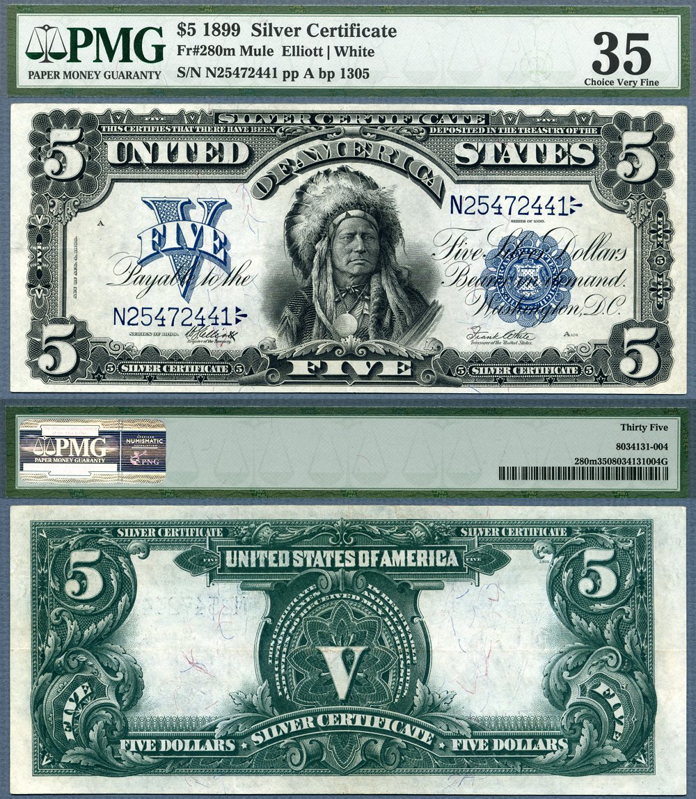 American Indian Chief, 1899 Running Antelope, New $5 Dollar Bill Banknote